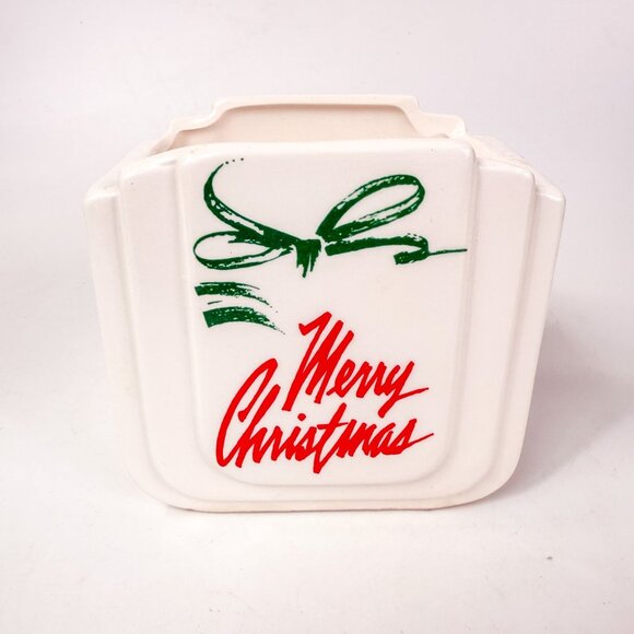 Vintage Napco Ceramic Art Deco White Planter Merry Christmas Green Bow Holiday D - Picture 4 of 6